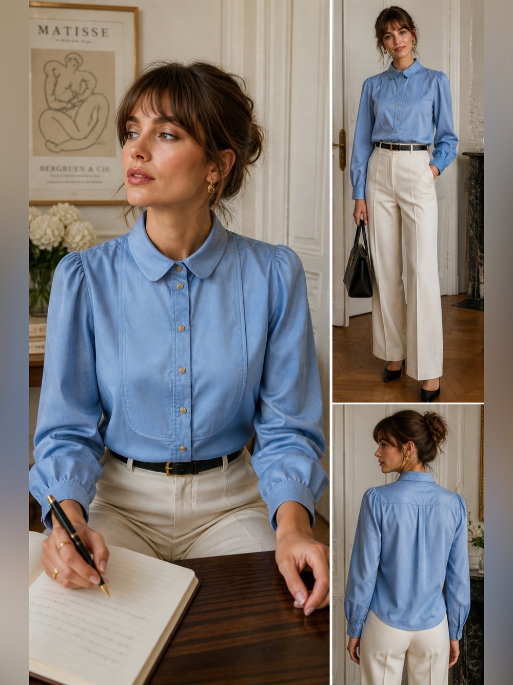Maje Blue Bib Front Puff Sleeve Button Down Blouse Size 1/Small
